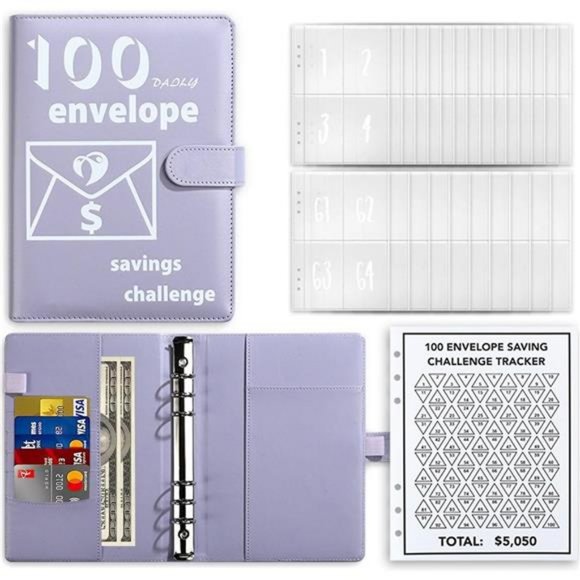 100 Envelopes Money Saving Challenge Book, PU Leather Saving Binder - Picture 1 of 8